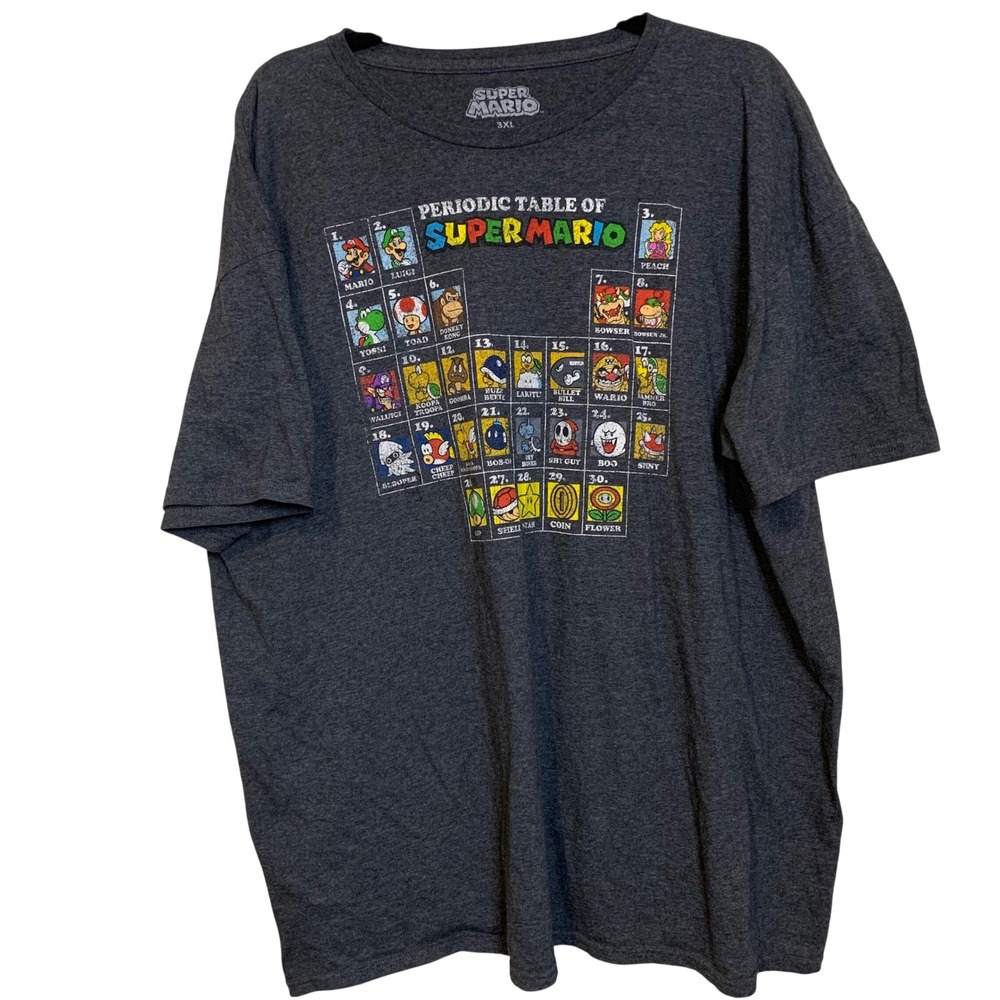 Super Mario Bros Periodic Table Graphic T-Shirt Mens 3XL Charcoal Grey Nintendo